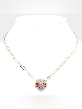 14K Gold Plated Multi-Gem Flower Pendant Paper Clip Necklace